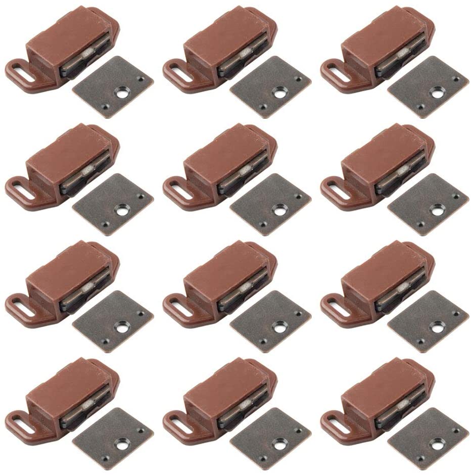 Litepak Magnetic Catch for Cabinets Doors Cupboards Drawers Shutters w/Plastic Housing + Strike Plate & Screws (12 Pack, Brown Finish)