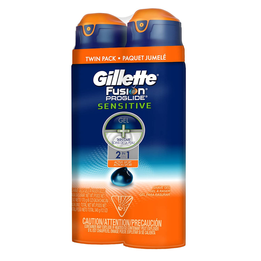 Gillette Fusion ProGlide Sensitive 2 in 1 Shave Gel, Active Sport, Pack of 2, 6 oz each