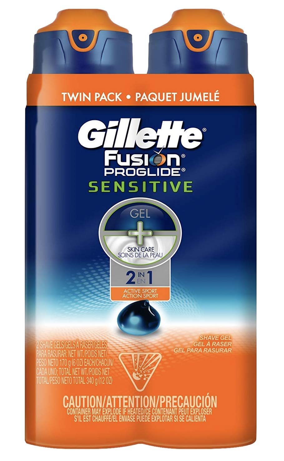 Gillette Fusion ProGlide Sensitive 2 in 1 Shave Gel, Active Sport, Pack of 2, 12 oz each