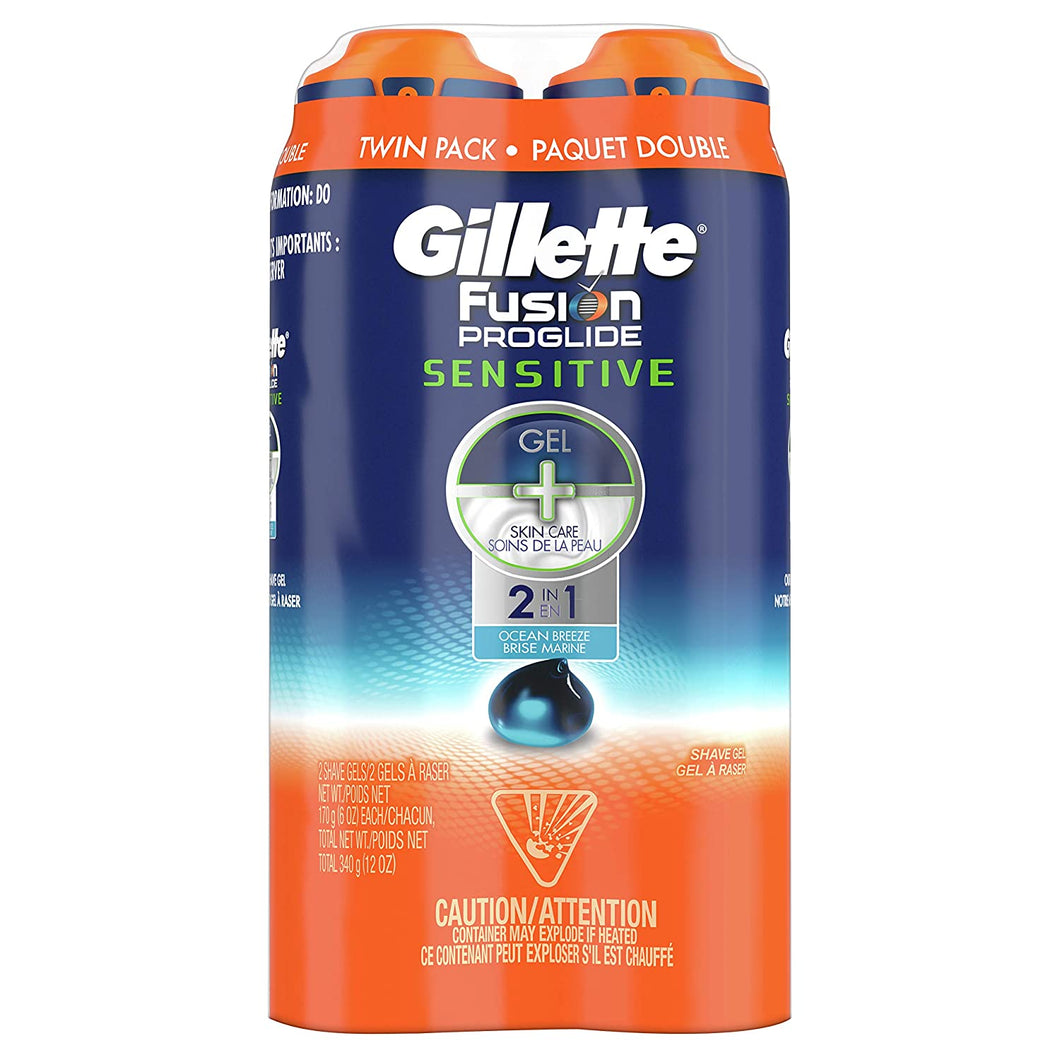 Gillette Fusion ProGlide Sensitive 2 in 1 Shave Gel, Ocean Breeze, Pack of 2, 12 oz Total