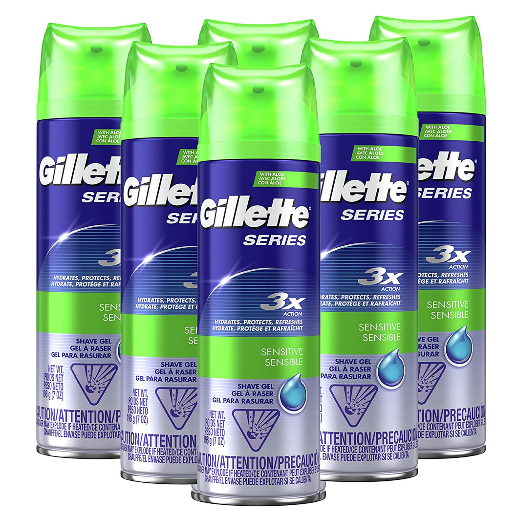 Gillette Series 3X Sensitive Shave Gel, 6 Count, 7oz Each, Hydrates, Protects and Soothes Sensitive Skin, 7 Ounce (Pack of 6)